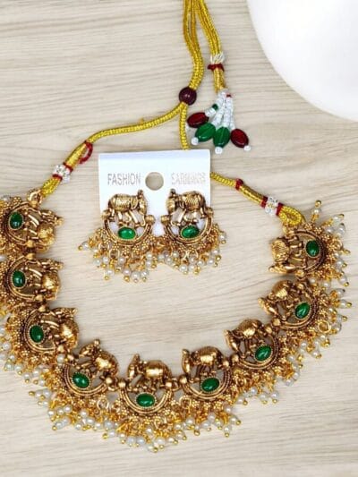 Traditional Antique Jewelry Elephant Pendant Necklace With Earring for Women & Girls.