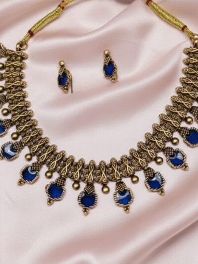 Traditional Gold Plated Necklace Set with Blue Stones.