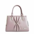 Peach And Dark Green colour leather handbag with bow and shoulder strap ,