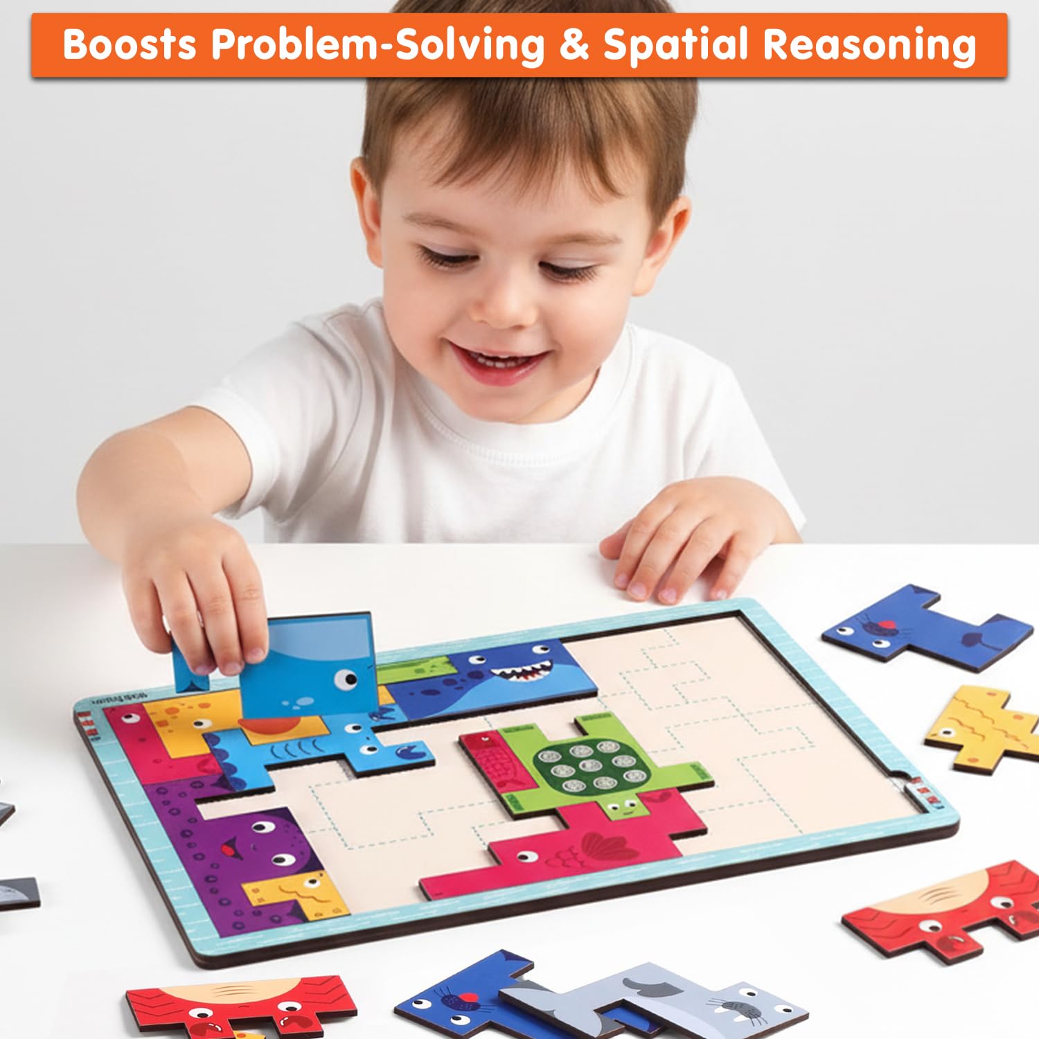 Wooden Block Puzzle Game - Ocean Animals for Kids,22 Pieces, Brain Teaser Toy - Image 2