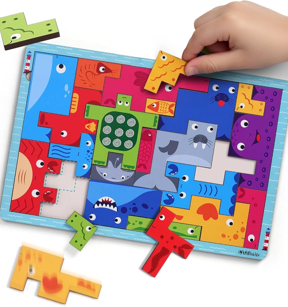 Wooden Block Puzzle Game - Ocean Animals for Kids,22 Pieces, Brain Teaser Toy