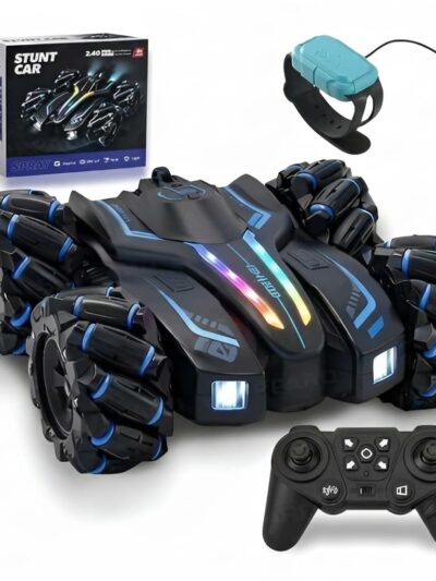 RC Stunt Car with Gesture Control Watch, 4x4 Drive, 360° Rotation, RGB LED Lights, Rechargeable, Blue-Red, for Kids