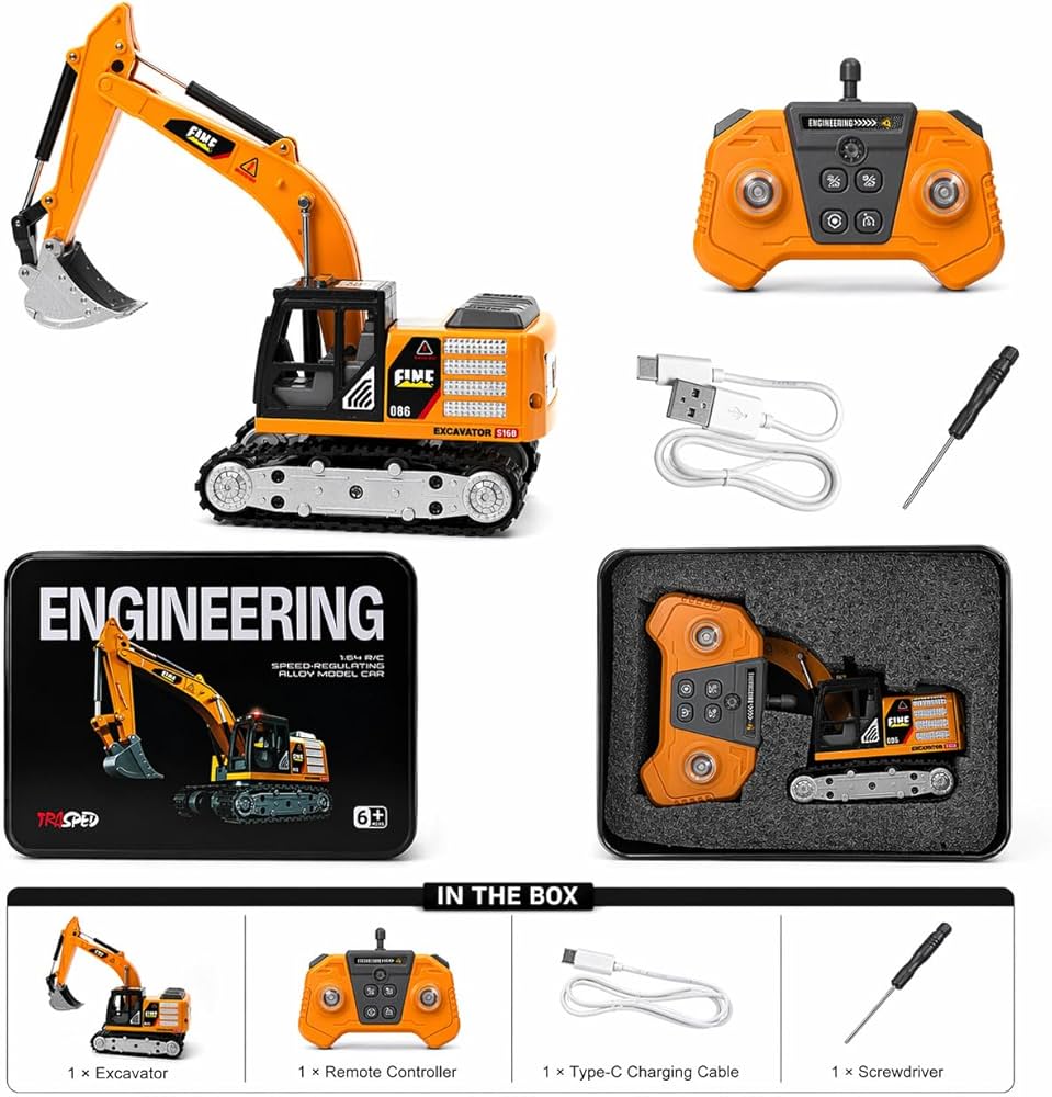 RC Excavator Toy, 1:64 Scale Die-Cast Alloy, Remote Control (JCP)