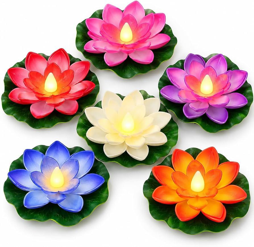Soft Lotus Pack of 6 Floating Lotus Water Sensor Diya Lights - With Multicolour (PACK OF 6)