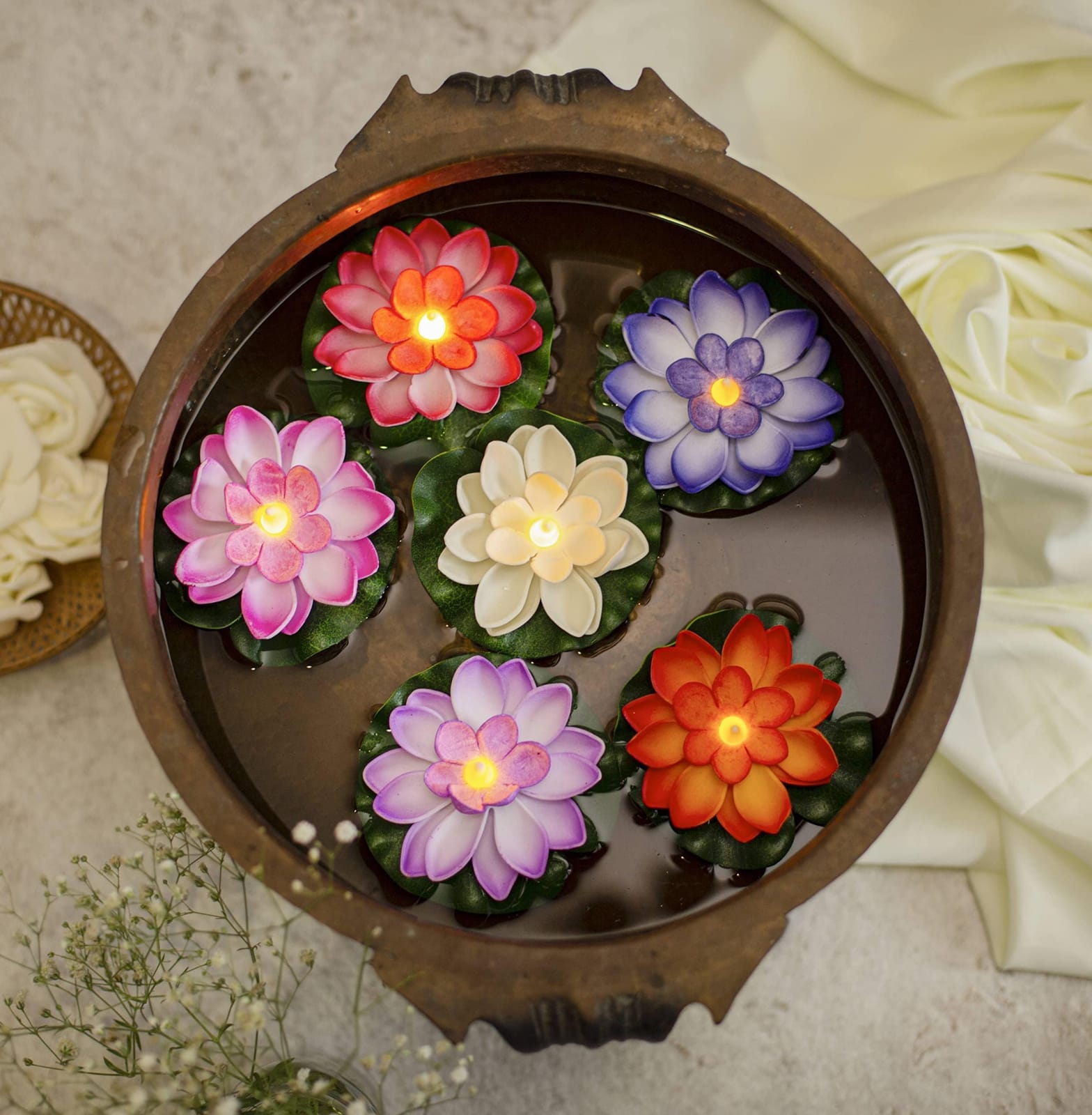 Soft Lotus Pack of 6 Floating Lotus Water Sensor Diya Lights - With Multicolour (PACK OF 6) - Image 2