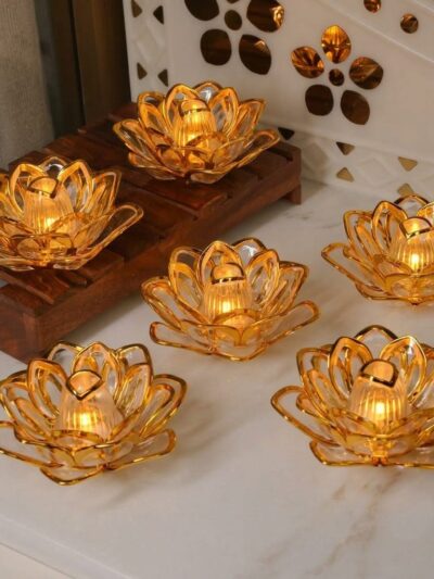 LED Lotus Diya Set of 2 | Battery Operated Acrylic Decorative Diya Lamp