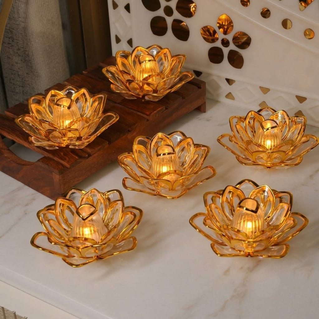 LED Lotus Diya Set of 2 | Battery Operated Acrylic Decorative Diya Lamp