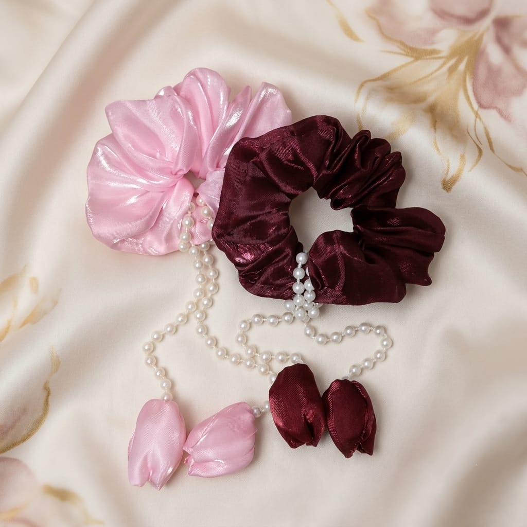 Elegant Pearl Tassel Satin Scrunchies With Multicolour Set 2 for Women & Girls - Image 2
