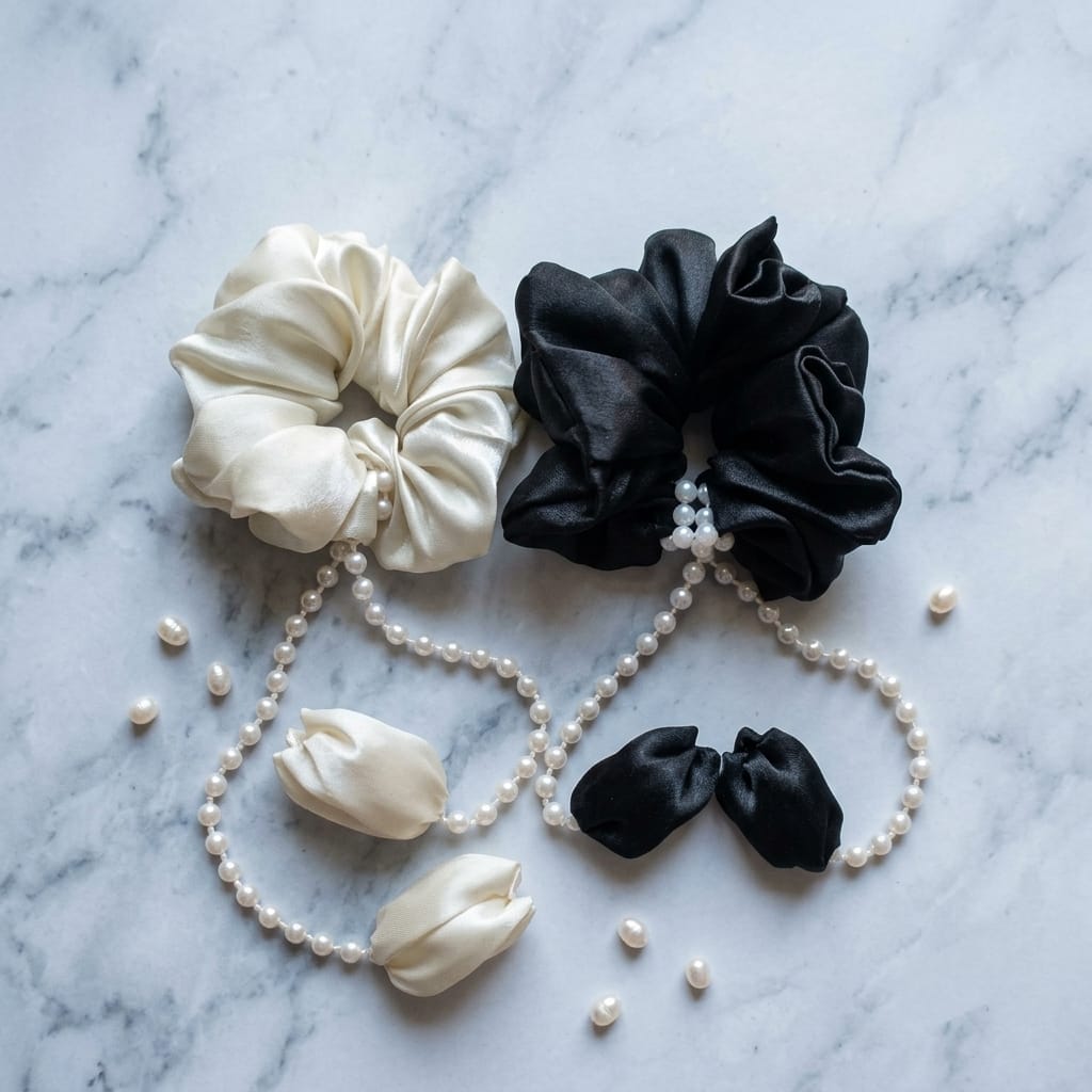Elegant Pearl Tassel Satin Scrunchies With Multicolour Set 2 for Women & Girls - Image 3
