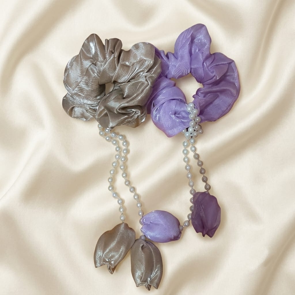 Elegant Pearl Tassel Satin Scrunchies With Multicolour Set 2 for Women & Girls - Image 4
