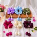 Elegant Pearl Tassel Satin Scrunchies With Multicolour Set 2 for Women & Girls