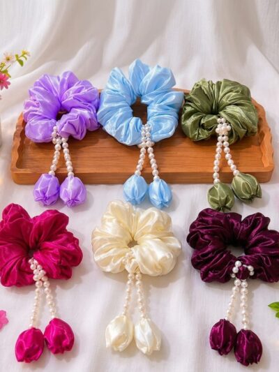 Elegant Pearl Tassel Satin Scrunchies With Multicolour Set 2 for Women & Girls