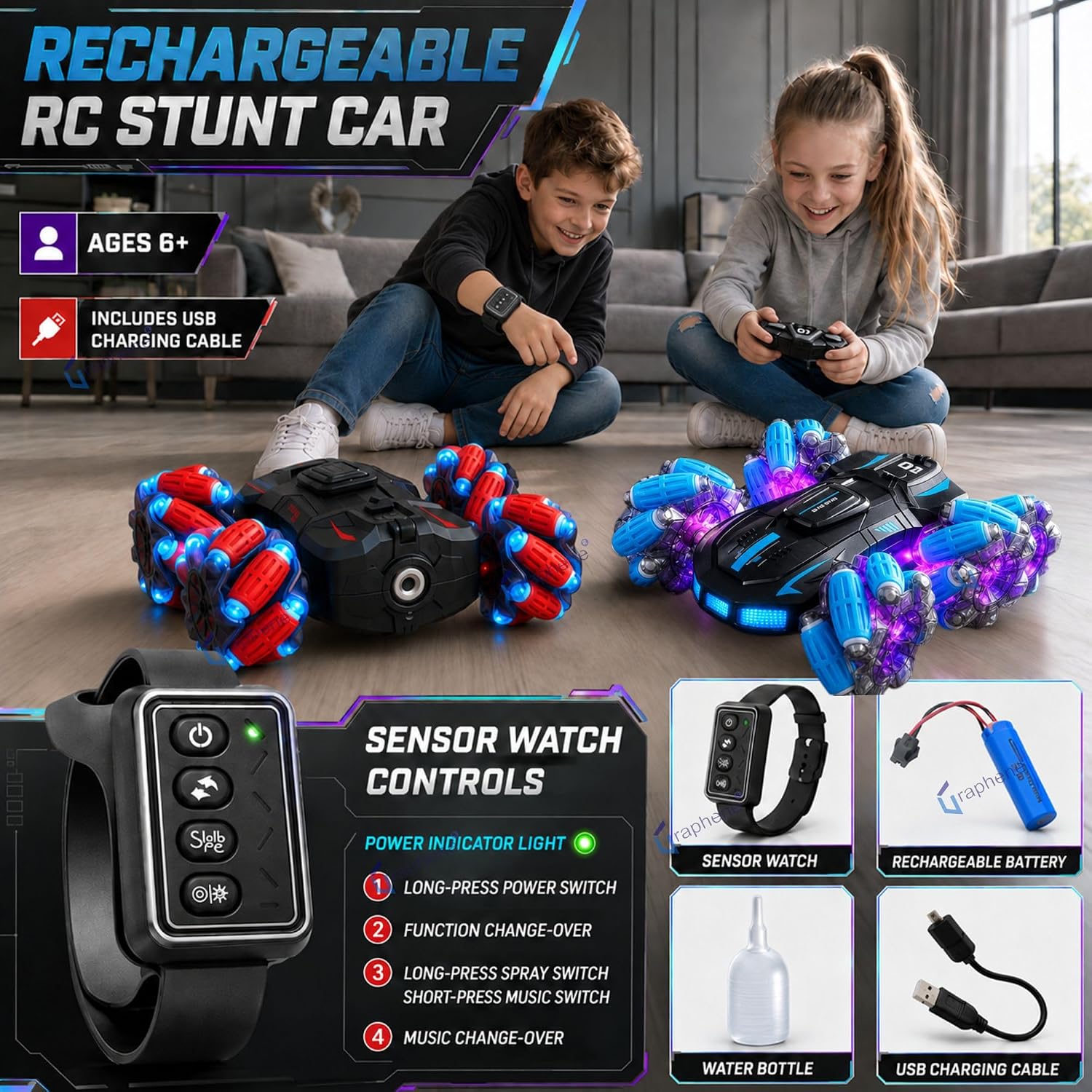 4WD RC Stunt Drift Car with Hand Gesture Sensor, 360° Rotating Remote Control Car For Kids - Image 5