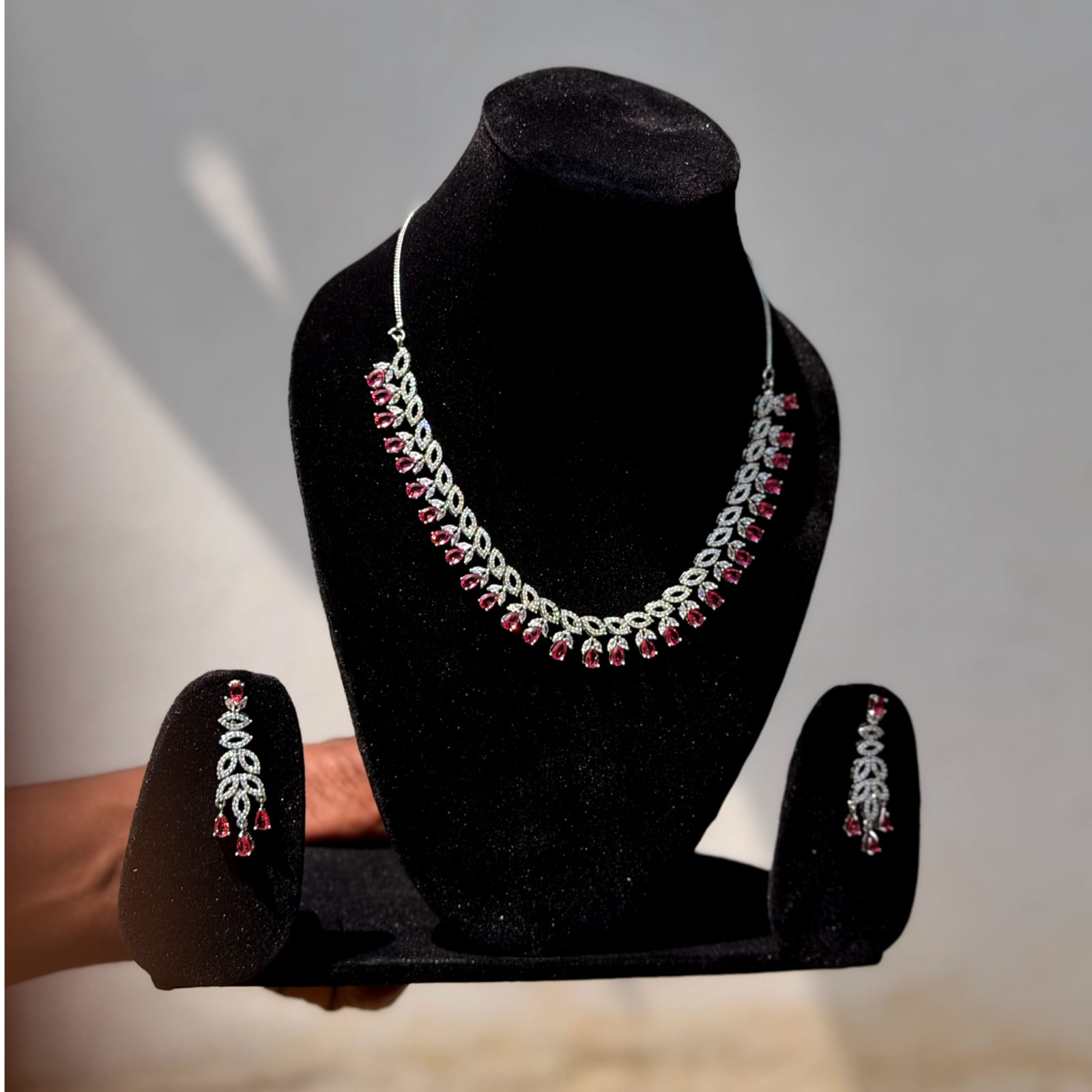 Silver Plated White & Pink American Diamond Latest Design Jewellery Set For Women/Girls - Image 3