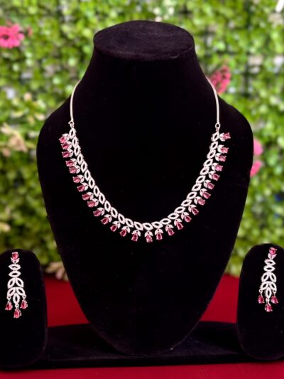 Silver Plated White & Pink American Diamond Latest Design Jewellery Set For Women/Girls