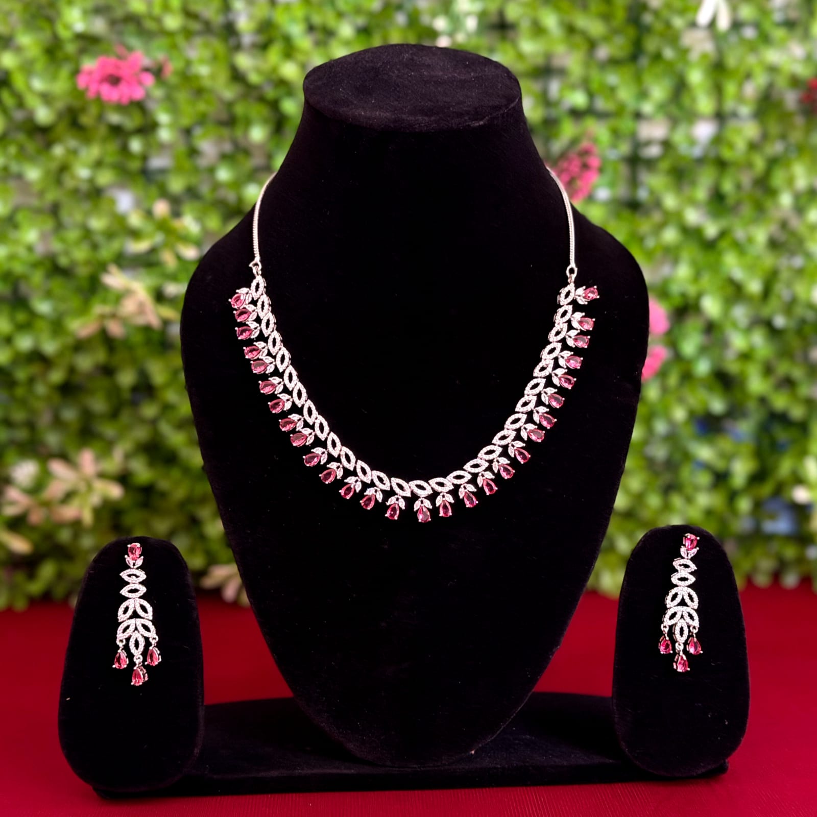 Silver Plated White & Pink American Diamond Latest Design Jewellery Set For Women/Girls