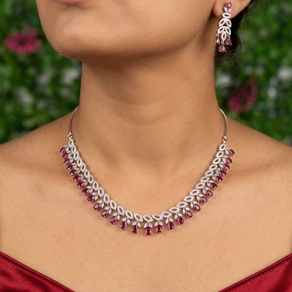 Silver Plated White & Pink American Diamond Latest Design Jewellery Set For Women/Girls - Image 2