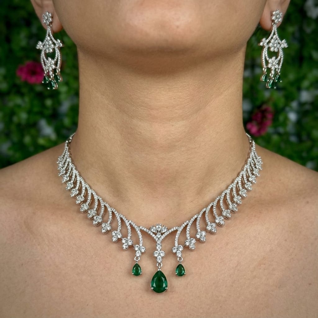 Elegant Silver Plated With White & Green Rhodium Stone /AD Stone Jewellery Set For Women & Girls - Image 2