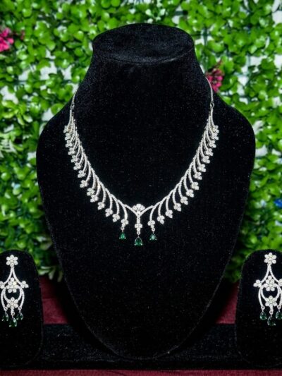 Elegant Silver Plated With White & Green Rhodium Stone /AD Stone Jewellery Set For Women & Girls