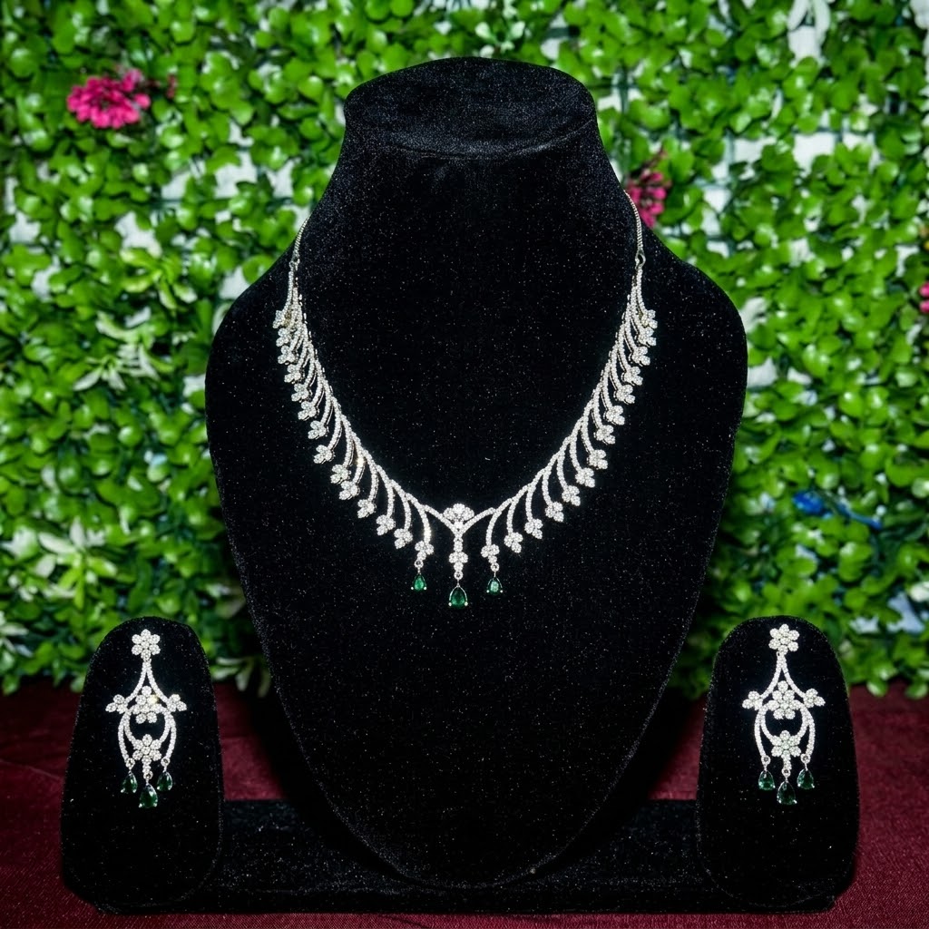Elegant Silver Plated With White & Green Rhodium Stone /AD Stone Jewellery Set For Women & Girls