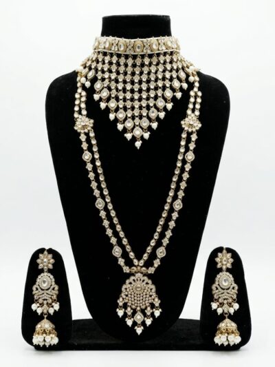 Kundan AD Stone Bridal Jewellery Set featuring choker necklace, a matching multi-layer long necklace Set For Women & Girls