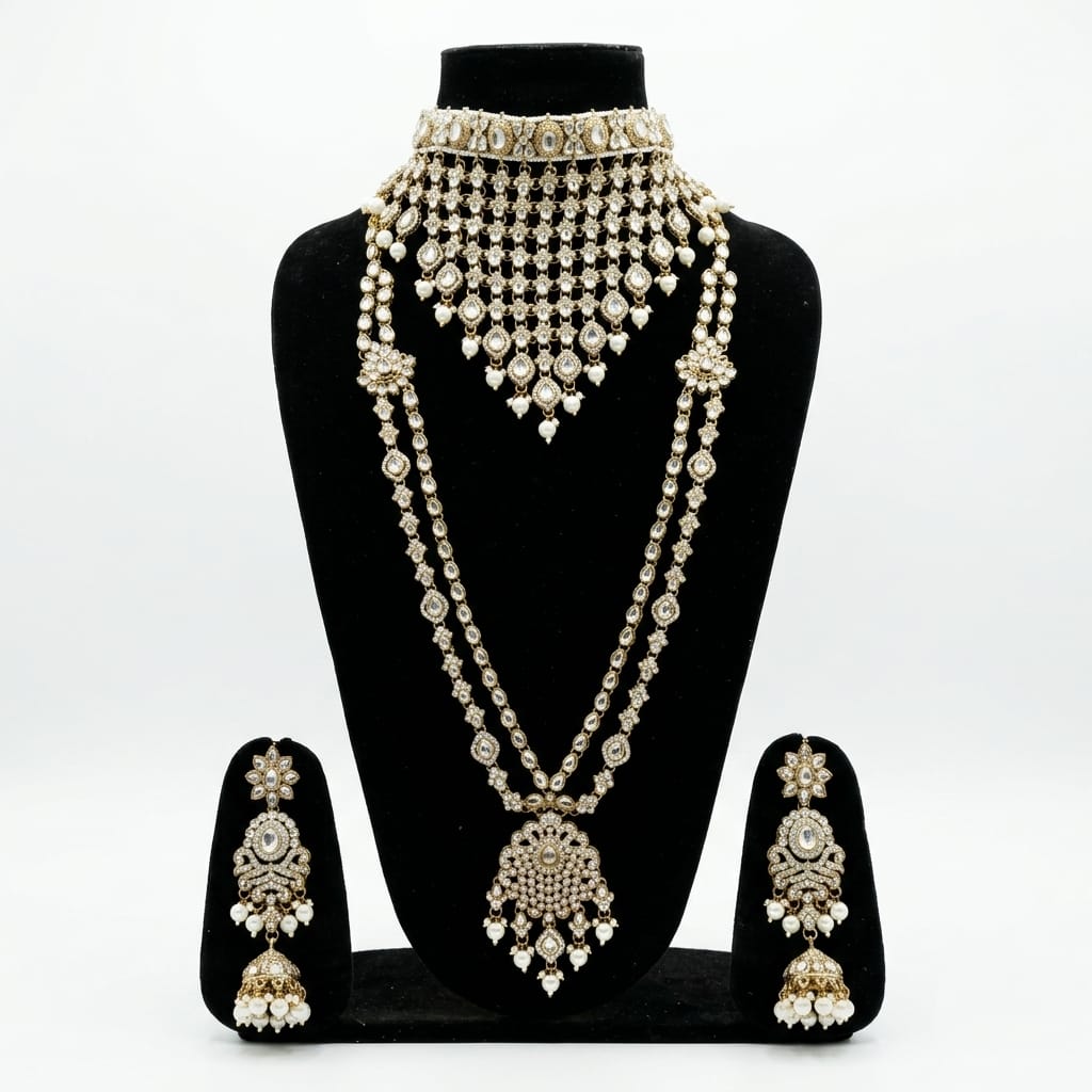 Kundan AD Stone Bridal Jewellery Set featuring choker necklace, a matching multi-layer long necklace Set For Women & Girls