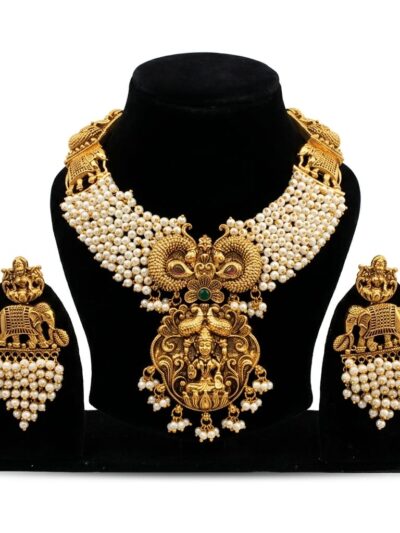 Premium MicroGlod Plated With Pearl Beads Lakshmi Pendant Grand Choker Set