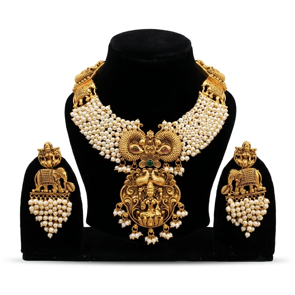 Premium MicroGlod Plated With Pearl Beads Lakshmi Pendant Grand Choker Set