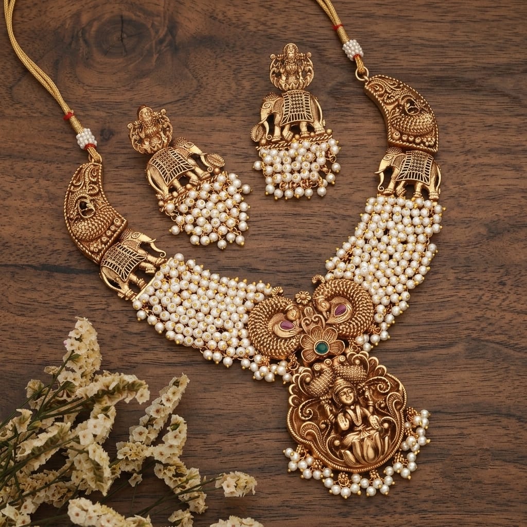 Premium MicroGlod Plated With Pearl Beads Lakshmi Pendant Grand Choker Set - Image 2