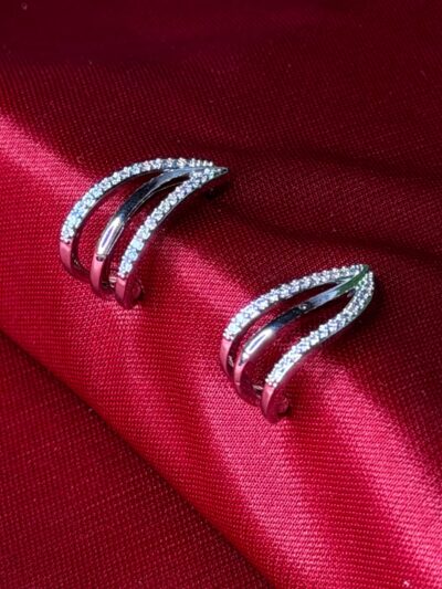 Silver Plated White Cubic Zirconia Earrings Half Hoop 3 Layer Earrings For Women & Girls