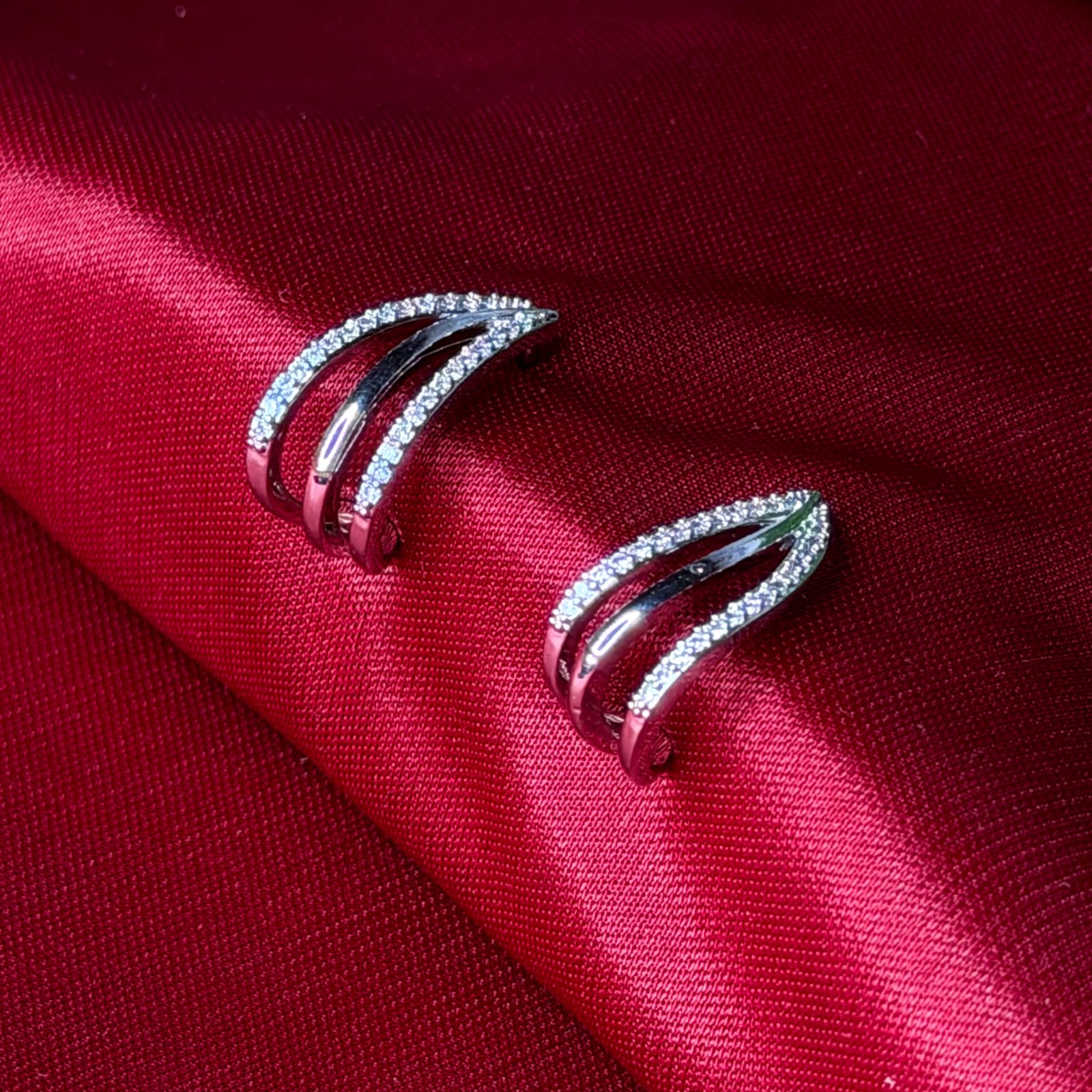 Silver Plated White Cubic Zirconia Earrings Half Hoop 3 Layer Earrings For Women & Girls