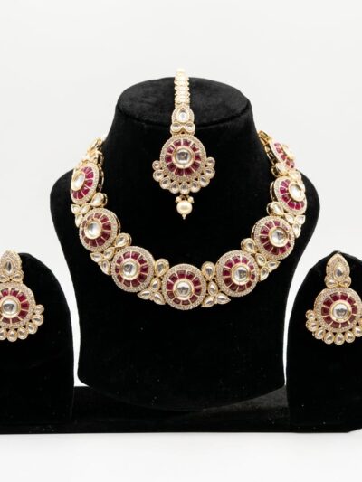 Premium Gold Plated Traditional kundan and Ruby-Red AD Stone Full Necklace Set With Circular Floral Motifs.
