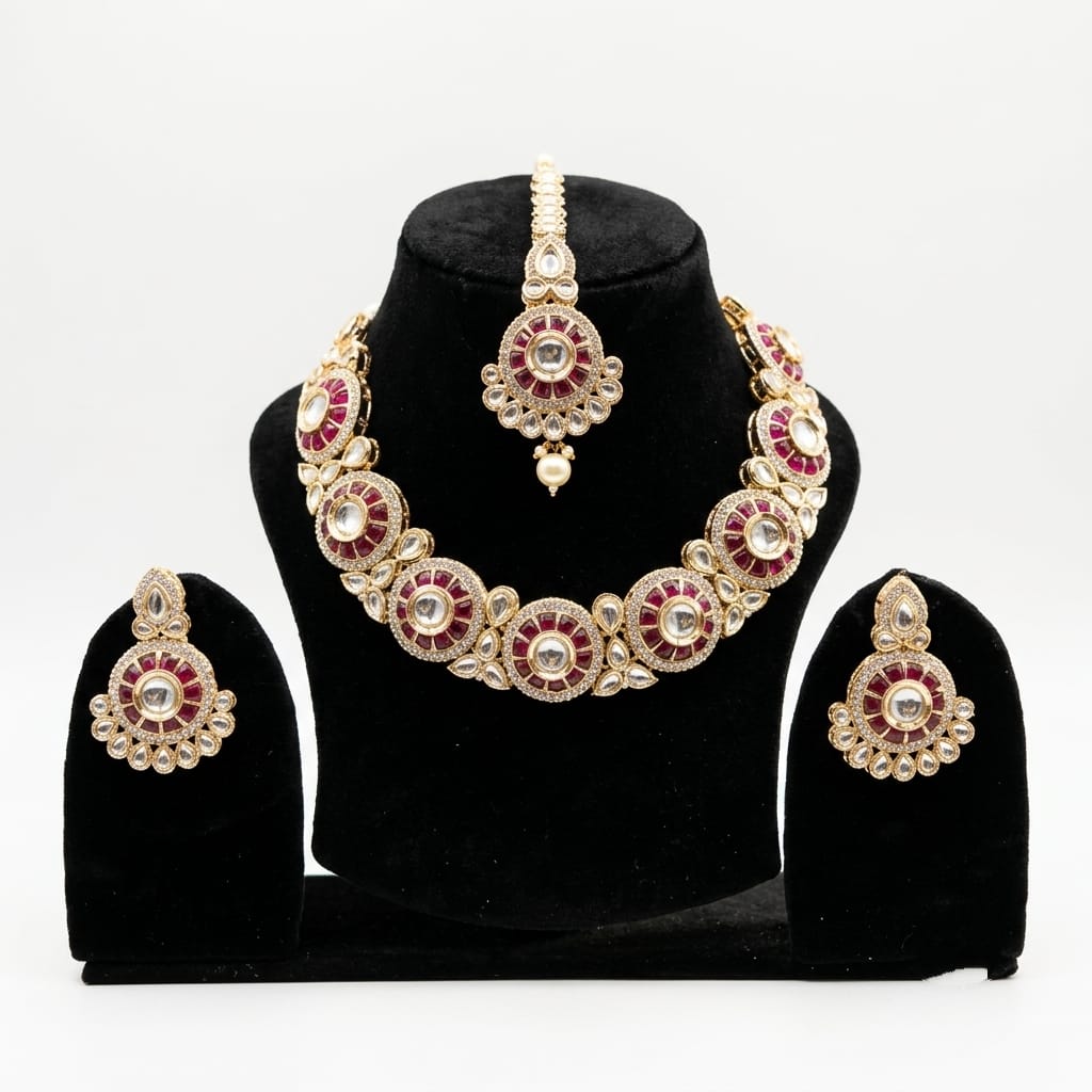 Premium Gold Plated Traditional kundan and Ruby-Red AD Stone Full Necklace Set With Circular Floral Motifs.