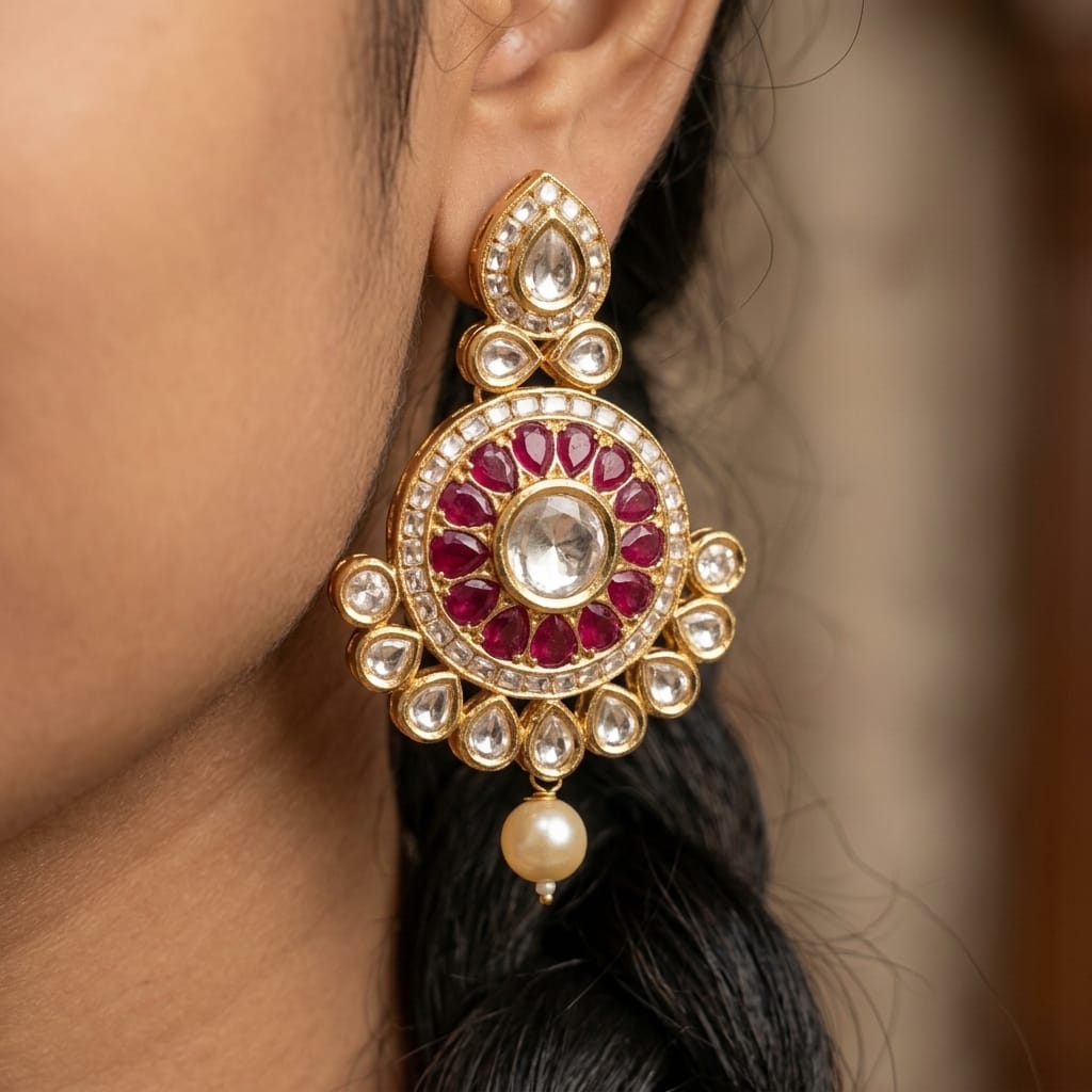 Premium Gold Plated Traditional kundan and Ruby-Red AD Stone Full Necklace Set With Circular Floral Motifs. - Image 3