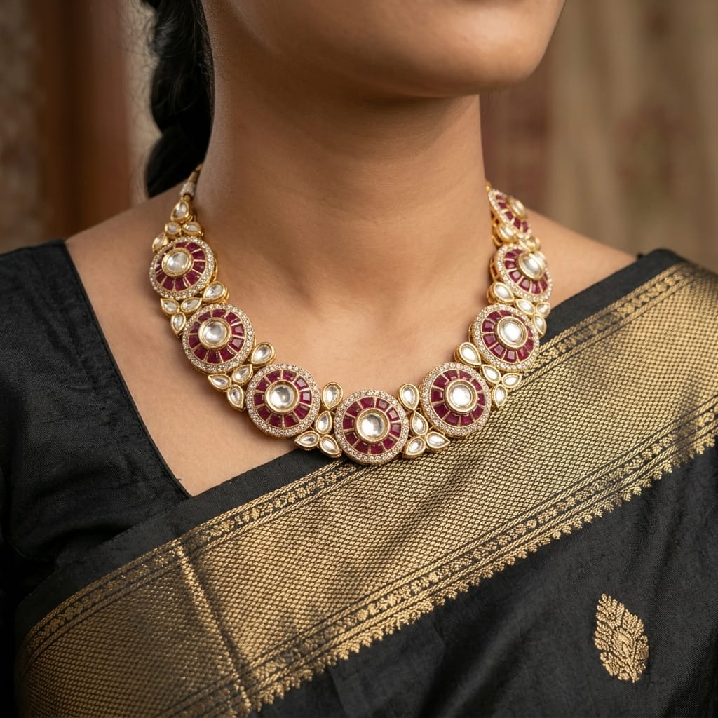 Premium Gold Plated Traditional kundan and Ruby-Red AD Stone Full Necklace Set With Circular Floral Motifs. - Image 2