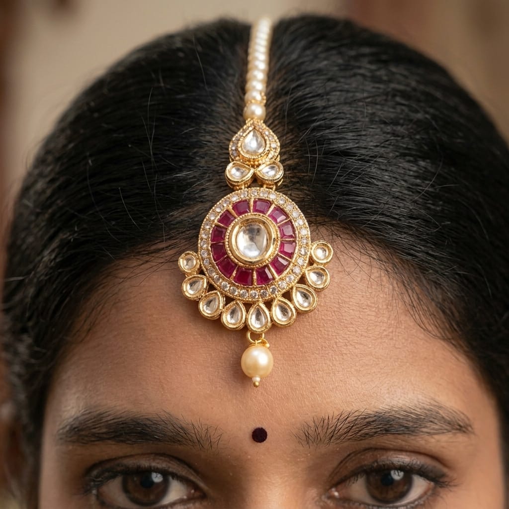 Premium Gold Plated Traditional kundan and Ruby-Red AD Stone Full Necklace Set With Circular Floral Motifs. - Image 4